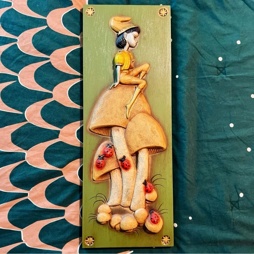 1970s Deadstock Burwood Products Co Arabesque Elves Mushroom Snail Wall Plaques - Picture 2 of 6